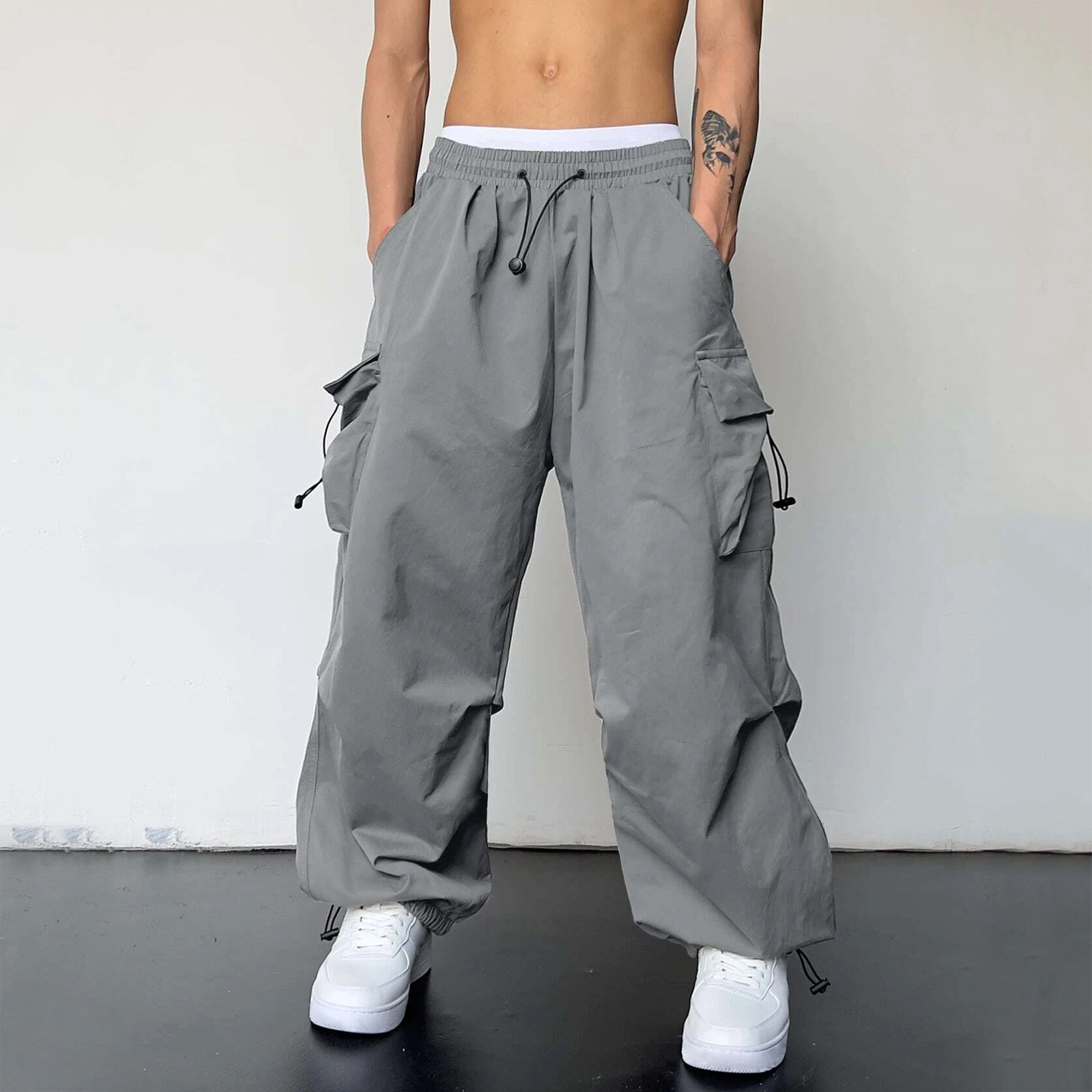 thumbnail image 3 of Pantalones cargo deportivos de cintura informal para hombre - Bolsillo tejido con cordón - Ropa urbana para todas las estaciones, 3 of 8